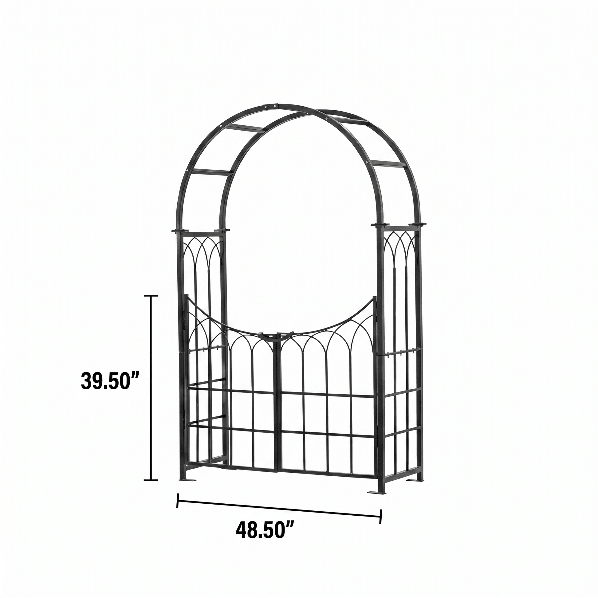 H Potter black metal garden arch with dimensions on a white background