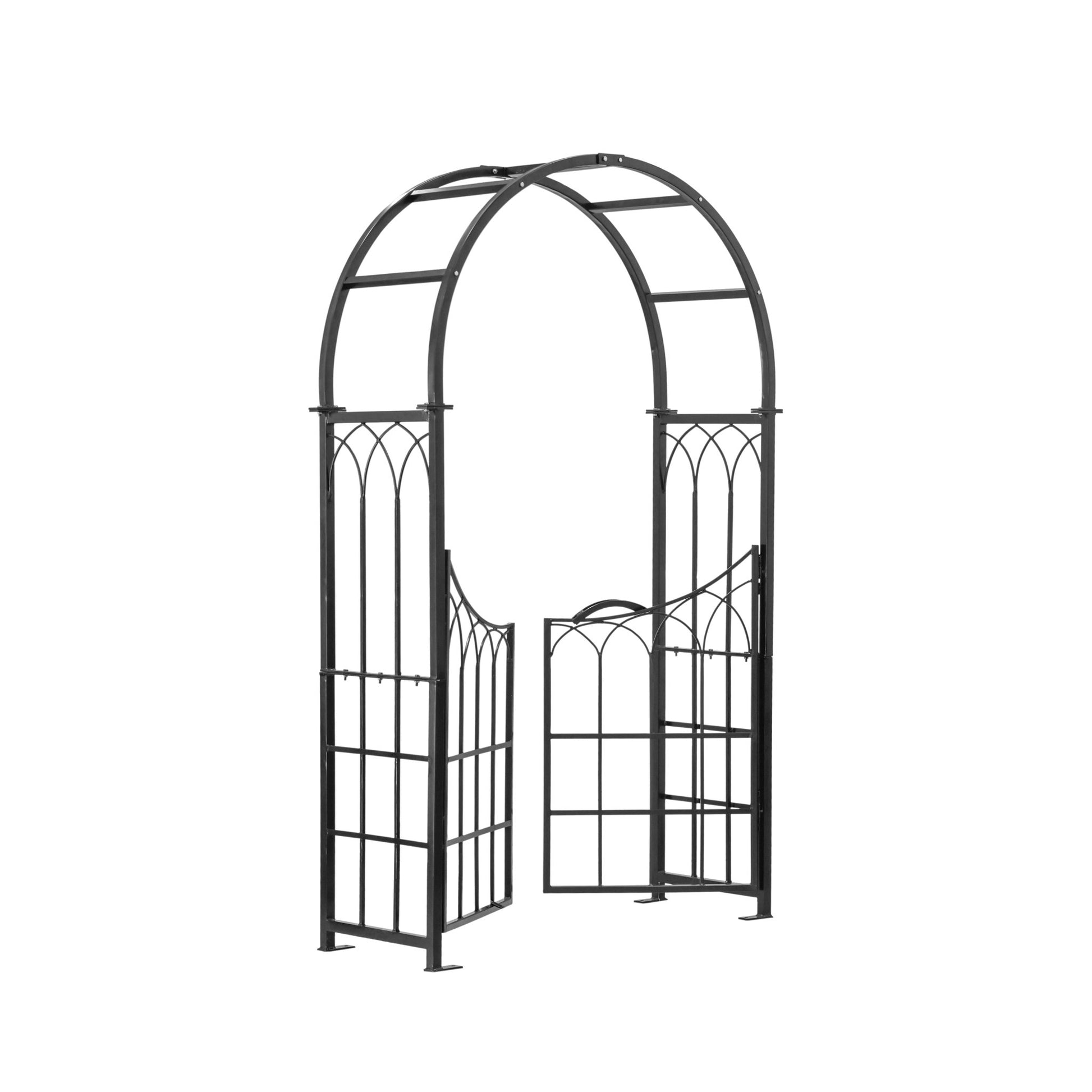 H Potter black metal garden arch with gate  angled view on a white background