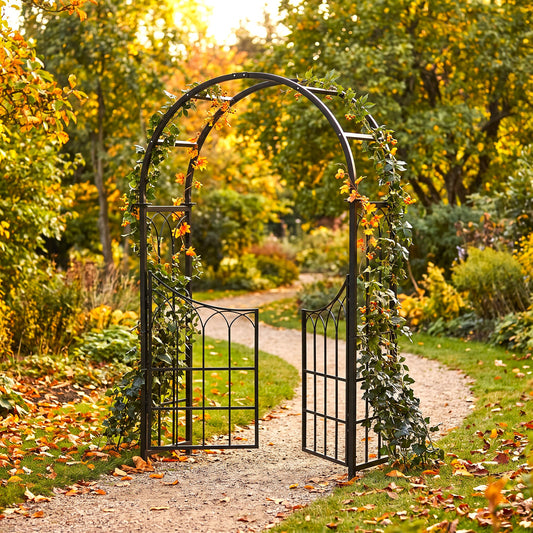 h potter brand black metal garden arch with an open gate, covered in climbing green vines and orange flowers, situated on a gravel path in a lush autumn garden.