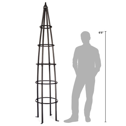 H Potter grand black 8 foot tall garden obelisk trellis shown next to person for scale