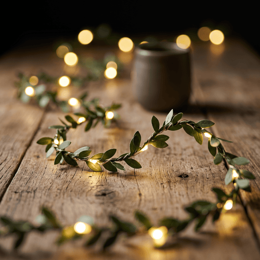 h potter Green leaf garland with warm white string lights arranged in a circle on a rustic wooden table, with a blurred dark ceramic cup in the background.