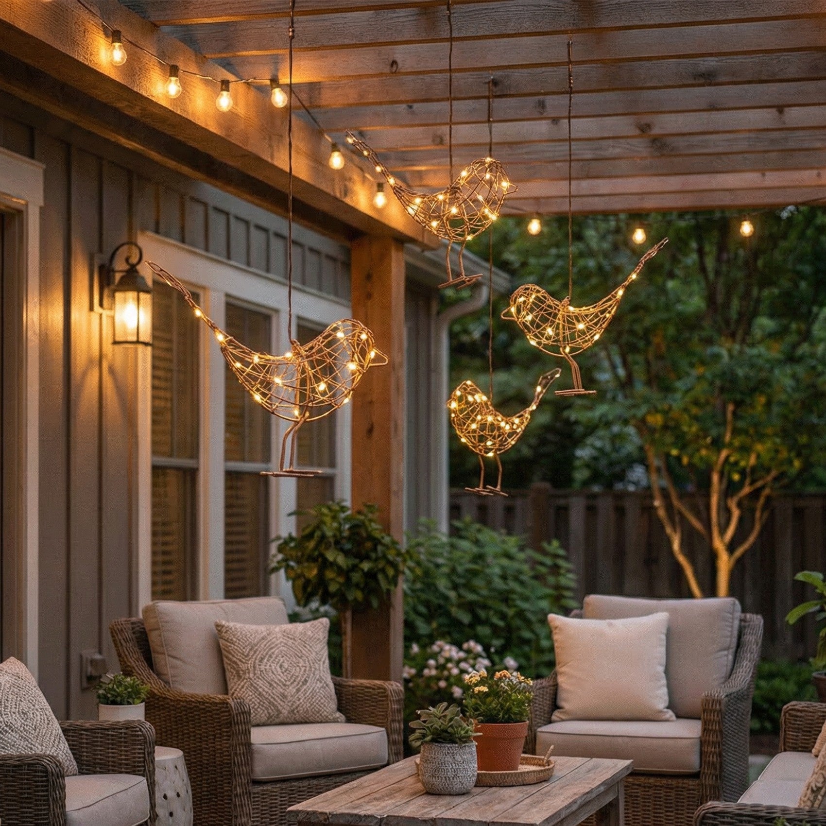 h potter hanging solstice sparrow led lit birds on back patio