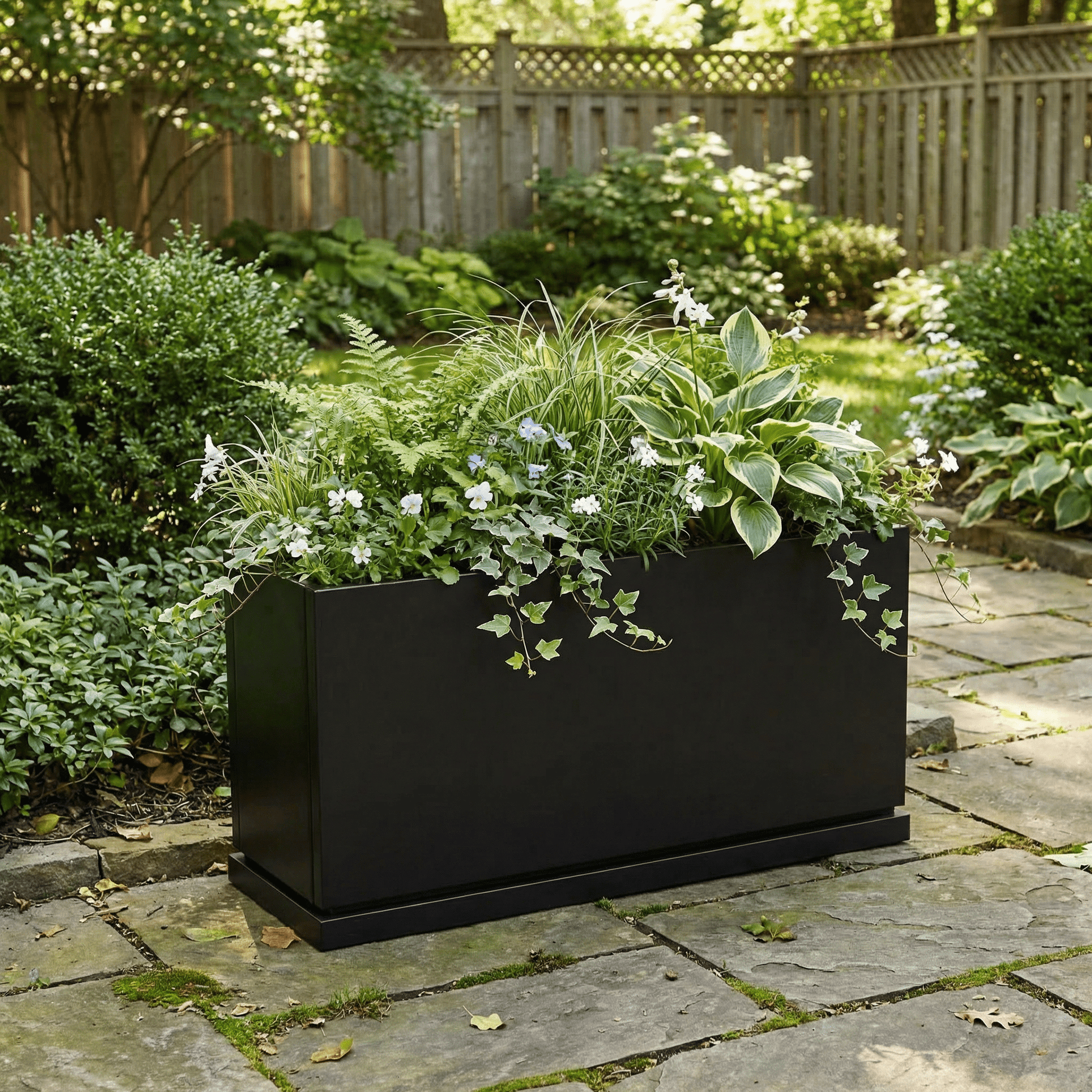 h potter hawthorne black rectangular planter on stone patio with green flowers