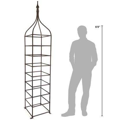 H Potter heavy duty metal garden obelisk trellis shown next to person for height scale