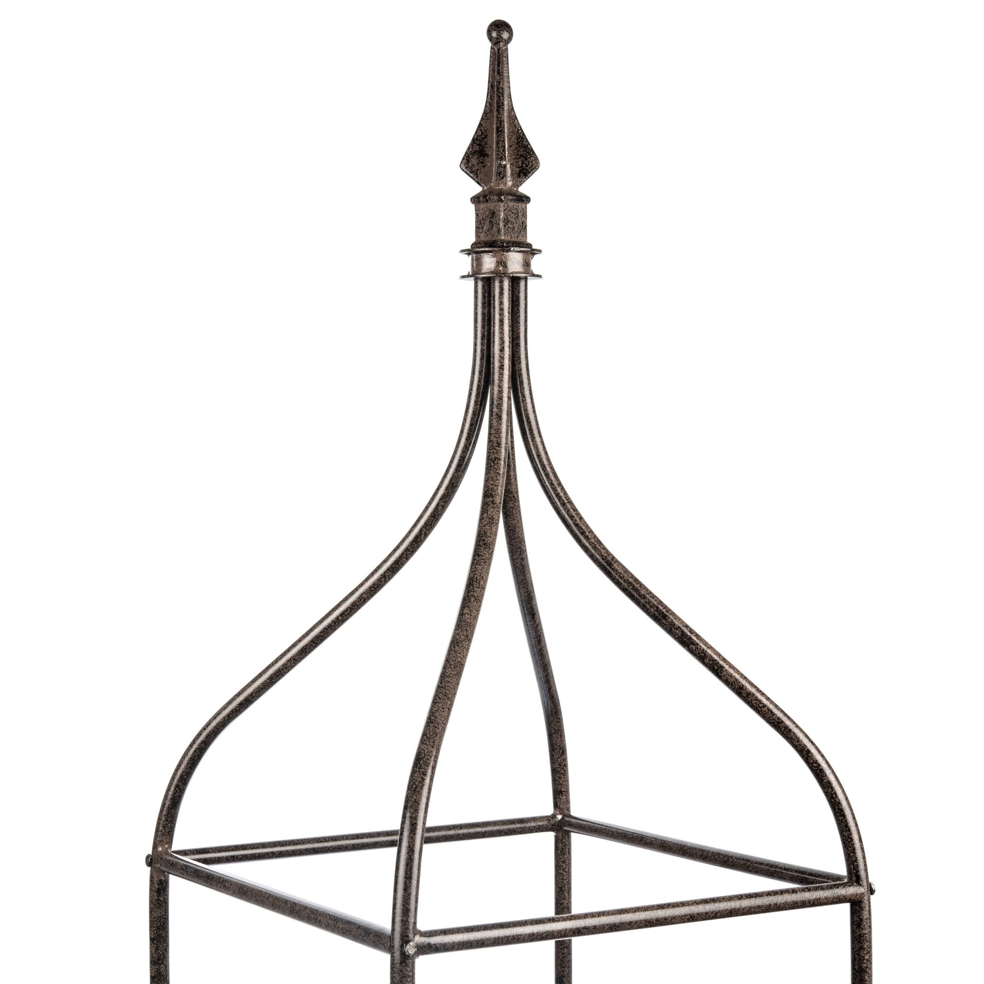 Top arches and finials detail on H Potter heavy duty metal garden obelisk trellis, clean lines and sturdy construction