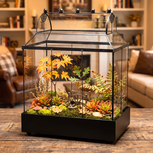 H Potter brand terrarium with a house-shaped design, filled with faux succulents, moss, and autumn-colored decorative plants, displayed on a wooden table in a cozy living room setting.