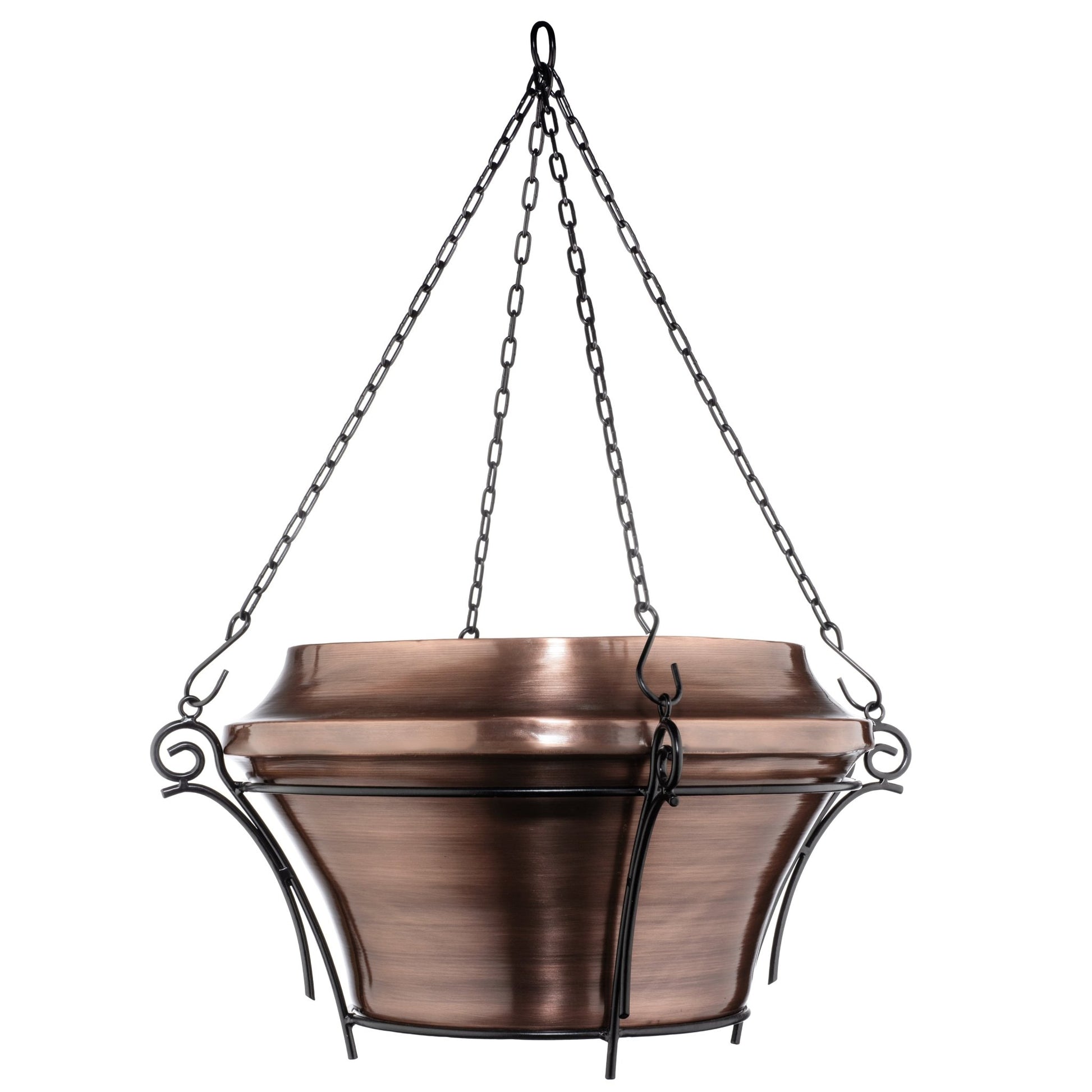 H Potter Heritage hanging copper planter with black chain and metal frame on white