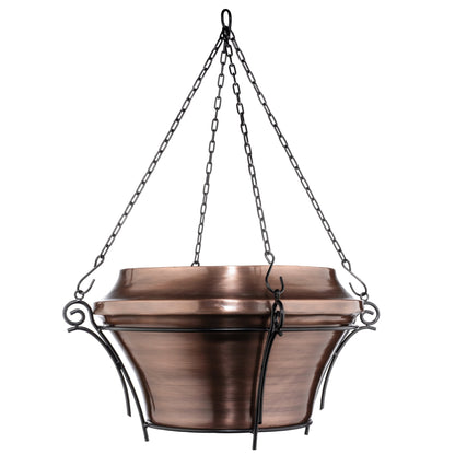 H Potter Heritage hanging copper planter with black chain and metal frame on white