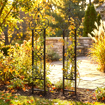 Set of 2 H Potter Heritage Scroll black garden trellises with decorative scrollwork  shown in a sunny backyard garden setting with climbing yellow flowers and autumn foliage.