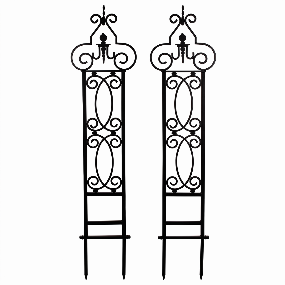 Set of 2 H Potter Heritage Scroll black garden trellises with decorative scrollwork and ground spikes