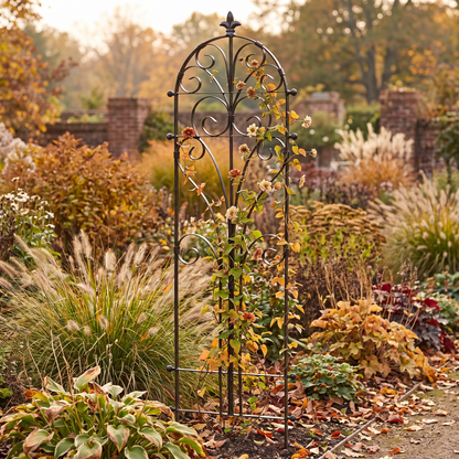 H Potter Italian metal garden trellis with climbing vines in an autumn garden