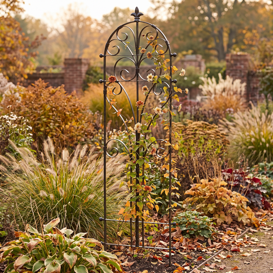 H Potter Italian metal garden trellis with climbing vines in an autumn garden