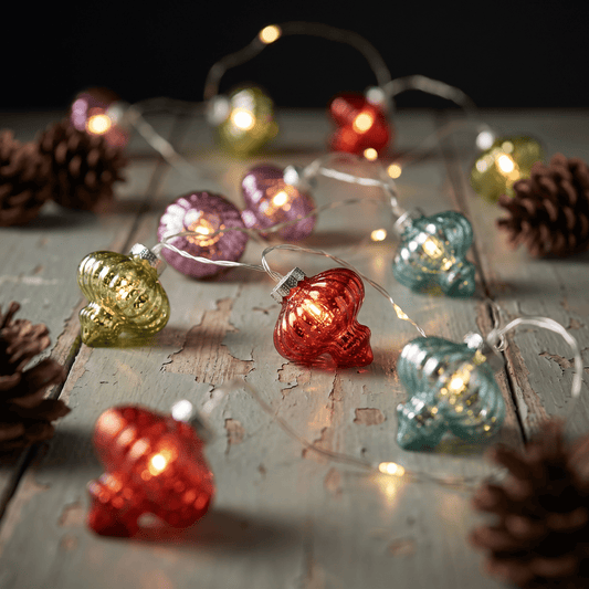 H Potter Multicolor Christmas string lights with translucent glass ornaments in red, green, purple, and blue, arranged on a rustic wooden surface with pinecones.