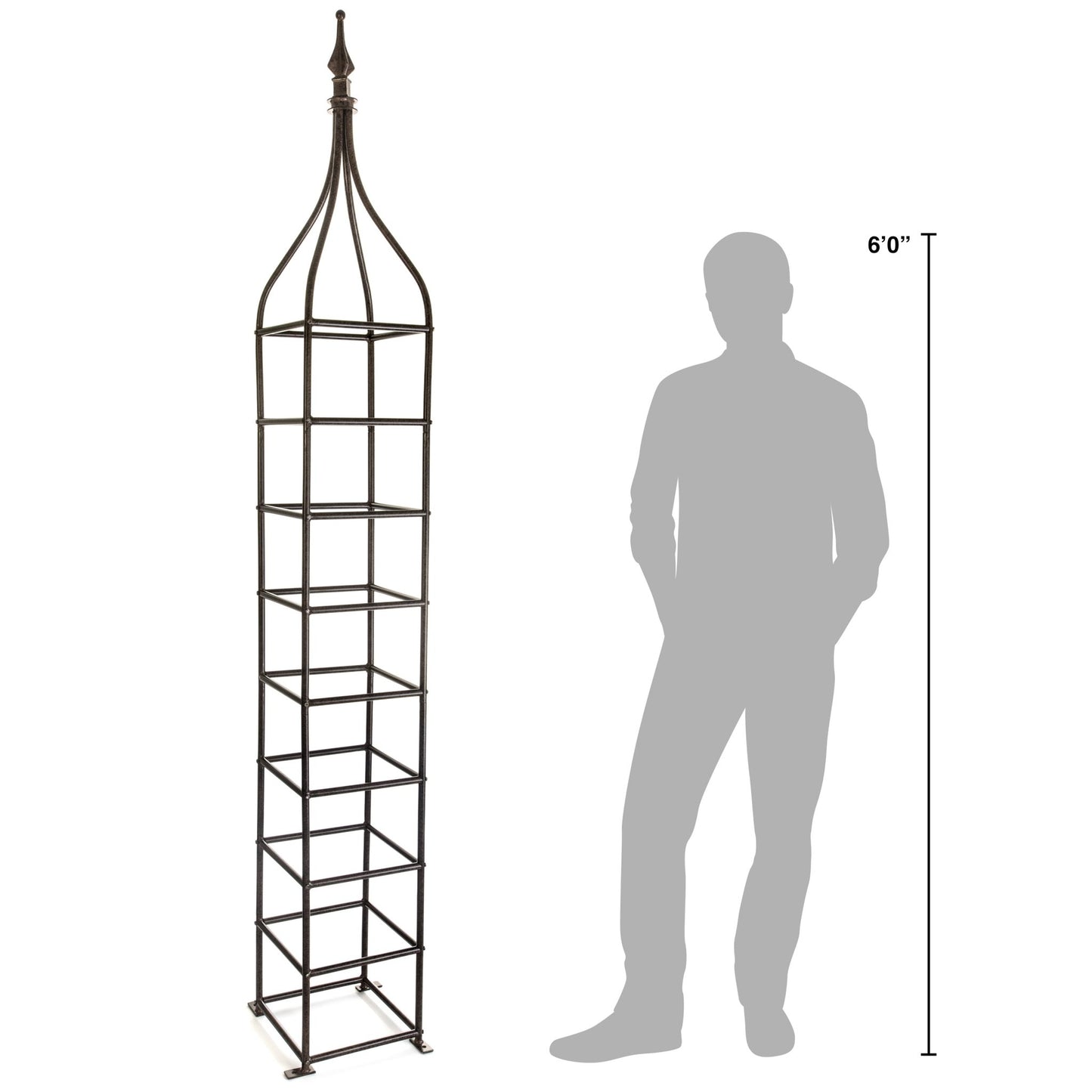 H Potter brand metal landscape garden obelisk trellis shown next to person for height scale