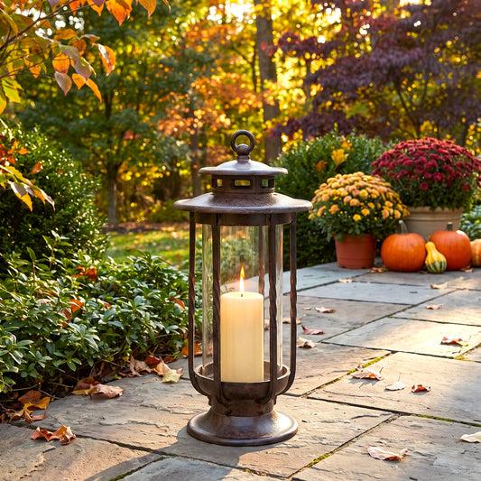 h potter cast iron lantern with a lit white pillar candle sits on a stone patio in an autumn garden setting with pumpkins and mums in the background.