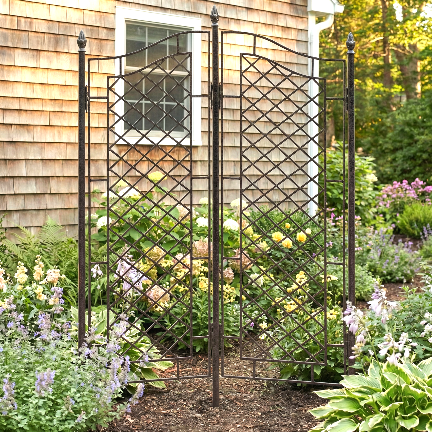 H Potter Large 2-Panel Garden Trellis in garden with flowers