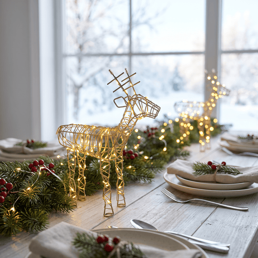 h potter gold wire reindeer centerpiece and warm string lights, decorated with green pine garlands and red berries on a light wood table in front of a snowy window.