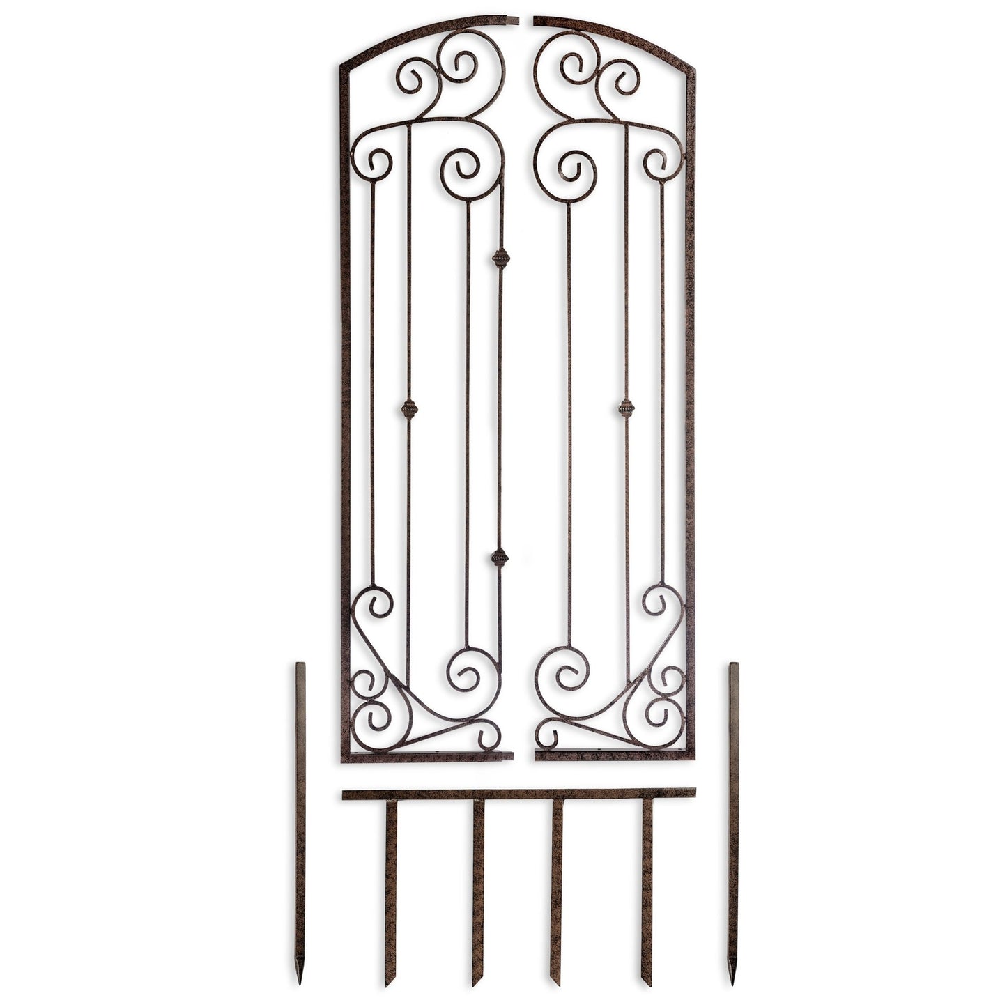 Deconstructed trellis with ground stakes—install: stake base, then bracket to wall; stable in Chicago winds