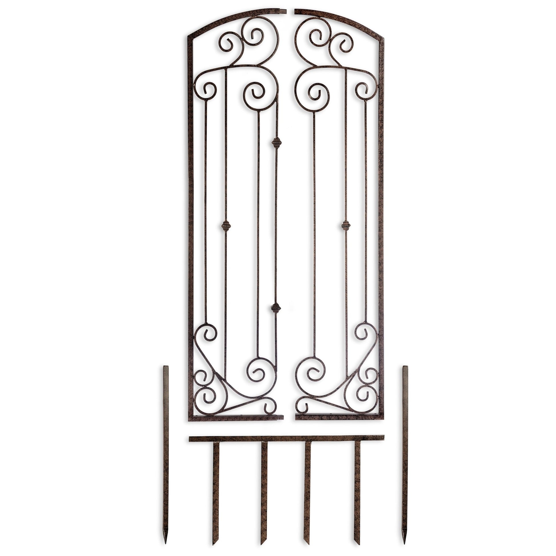 Deconstructed trellis with ground stakes—install: stake base, then bracket to wall; stable in Chicago winds