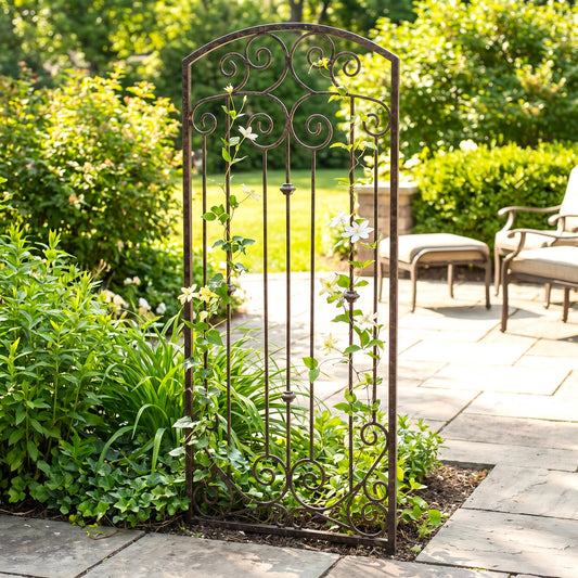 H Potter metal landscape trellis on stone patio with green plants ivy and clematis