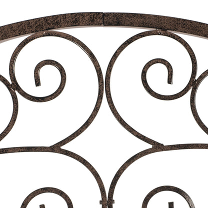 Scroll ironwork macro—classic garden style; powder-coated metal, low upkeep; supports climbers on patios