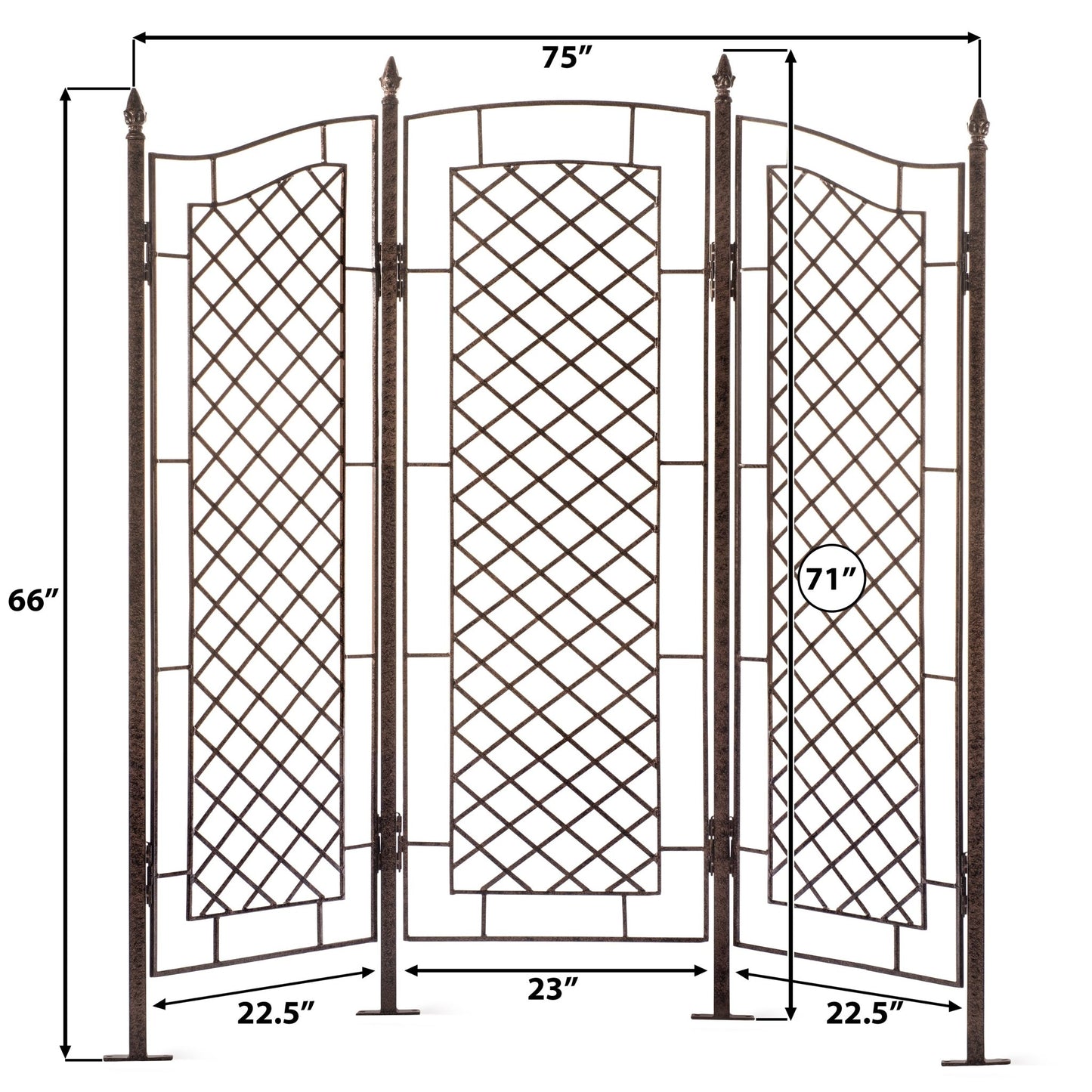 Dimensions diagram for H Potter trellis screen, 79.25″ W × 71″ H plus 18″ ground stakes