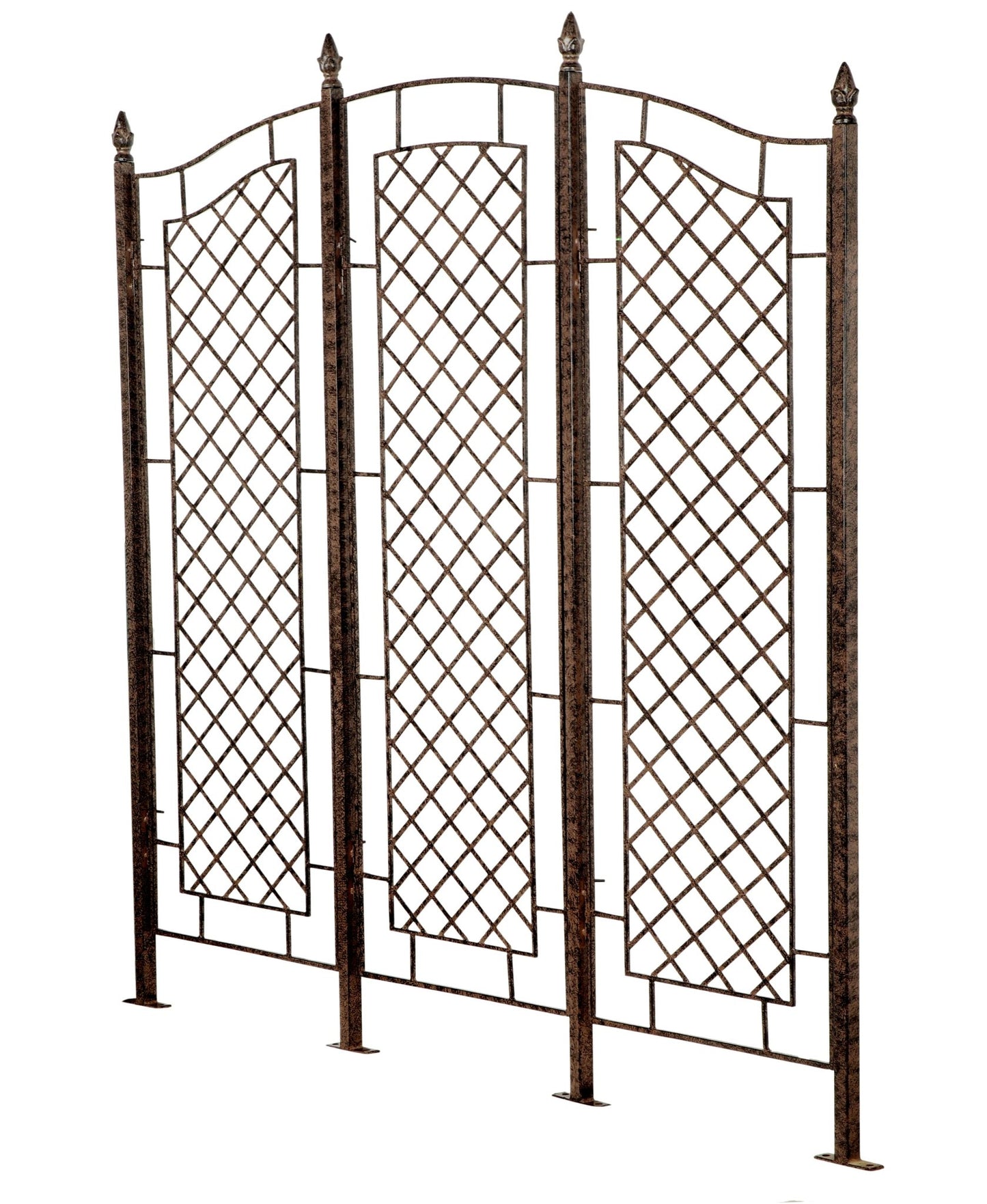 Angled view showing hinged panels on H Potter large garden screen trellis, sturdy iron frame