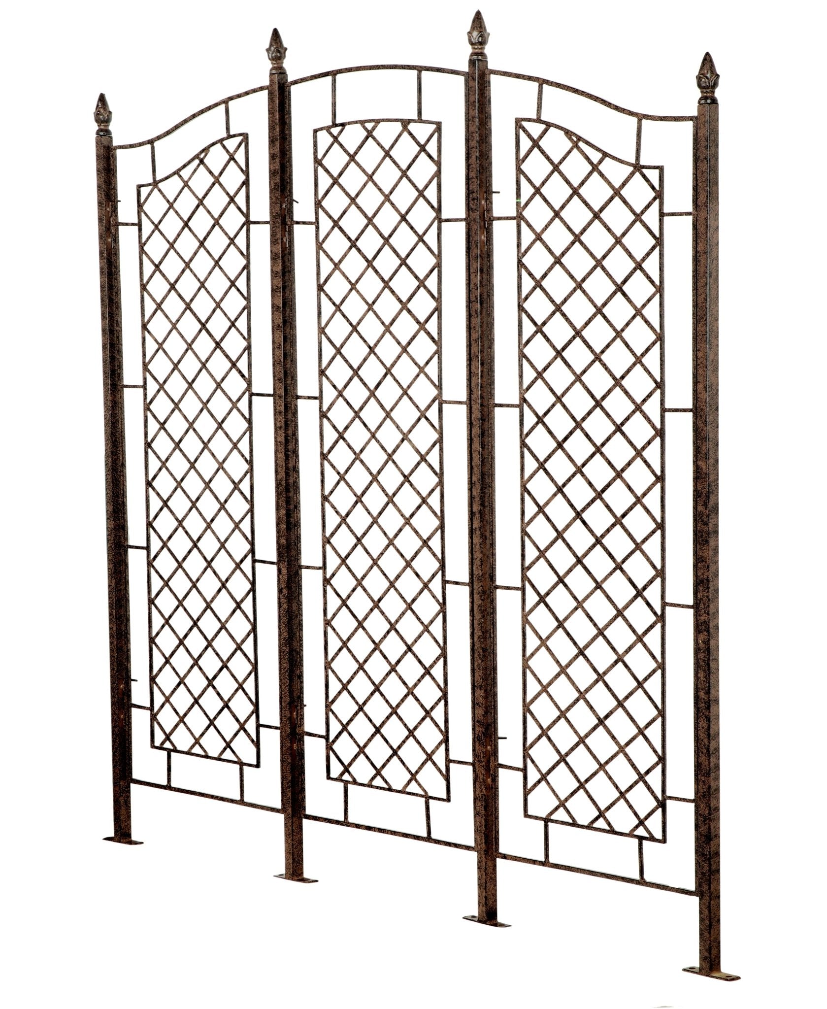 Angled view showing hinged panels on H Potter large garden screen trellis, sturdy iron frame