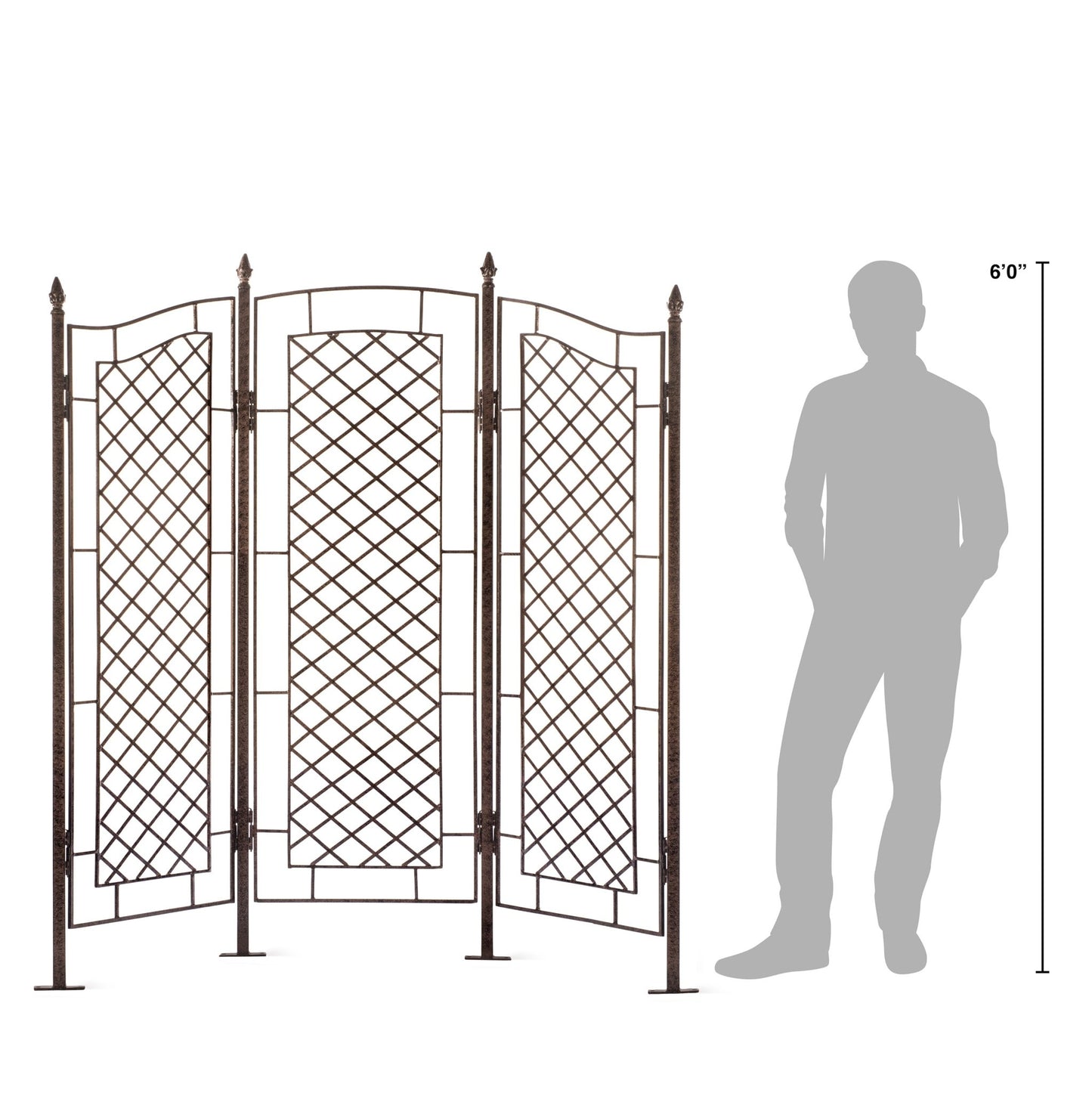Dimensions diagram for H Potter trellis screen, 79.25″ W × 71″ H plus 18″ ground spikes, shown with gray man silhouette