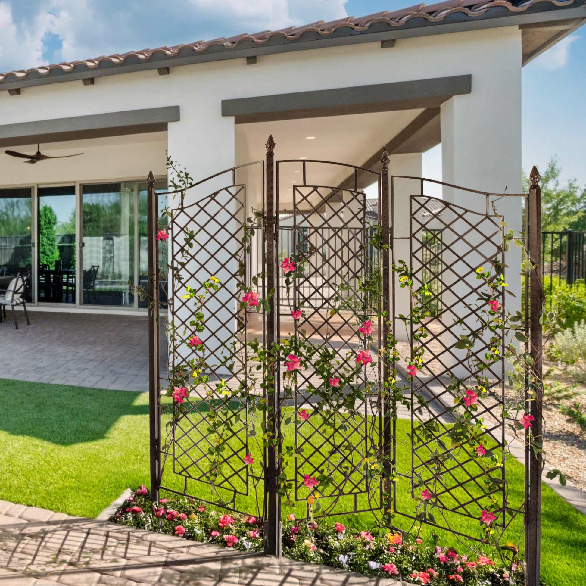 H Potter Large Three-Panel Garden Trellis Screen, wrought iron grid, charcoal-brown finish, hero in garden