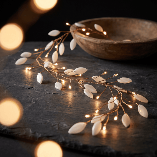 h potter leaf-shaped white LED fairy lights on a copper wire branch, styled on a dark slate surface with a wooden bowl in the background.