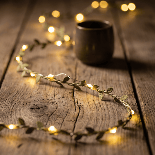 H Potter green leaf garland string lights with warm yellow glowing bulbs draped across a rustic wooden tabletop, with a dark ceramic cup blurred in the background.