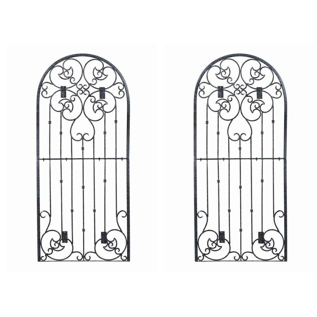 H Potter legacy trellises Two black metal scroll trellises with wall mounting brackets, designed for mounting onto walls.
