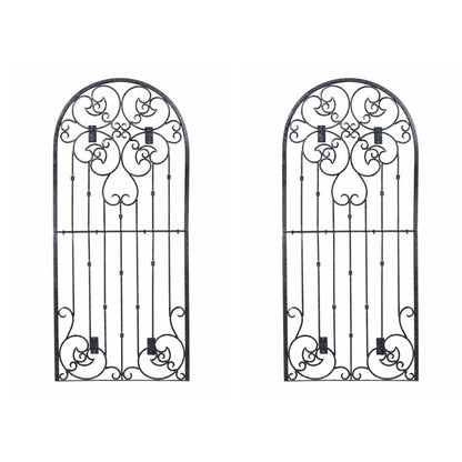 H Potter legacy trellises Two black metal scroll trellises with wall mounting brackets, designed for mounting onto walls.