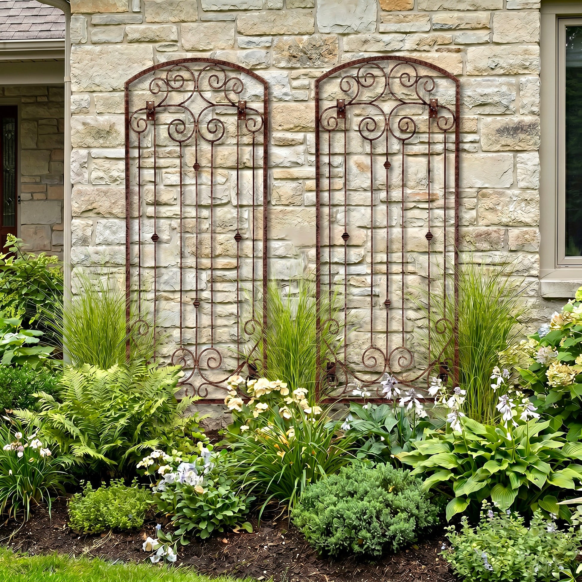 H Potter lenox estate garden wall trellis set of 2 on brick home in front yard with plants