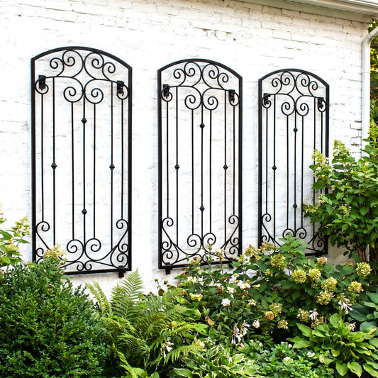 H Potter Lenox Estate Wall Trellis - Set of 3 – 6 Ft Tall Iron Garden Screens - black finish on a white brick house