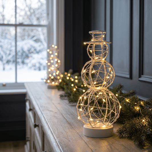 H Potter led warm white wire snowman table lamp with integrated fairy lights stands on a wooden console table next to a window, decorated with green pine garlands.