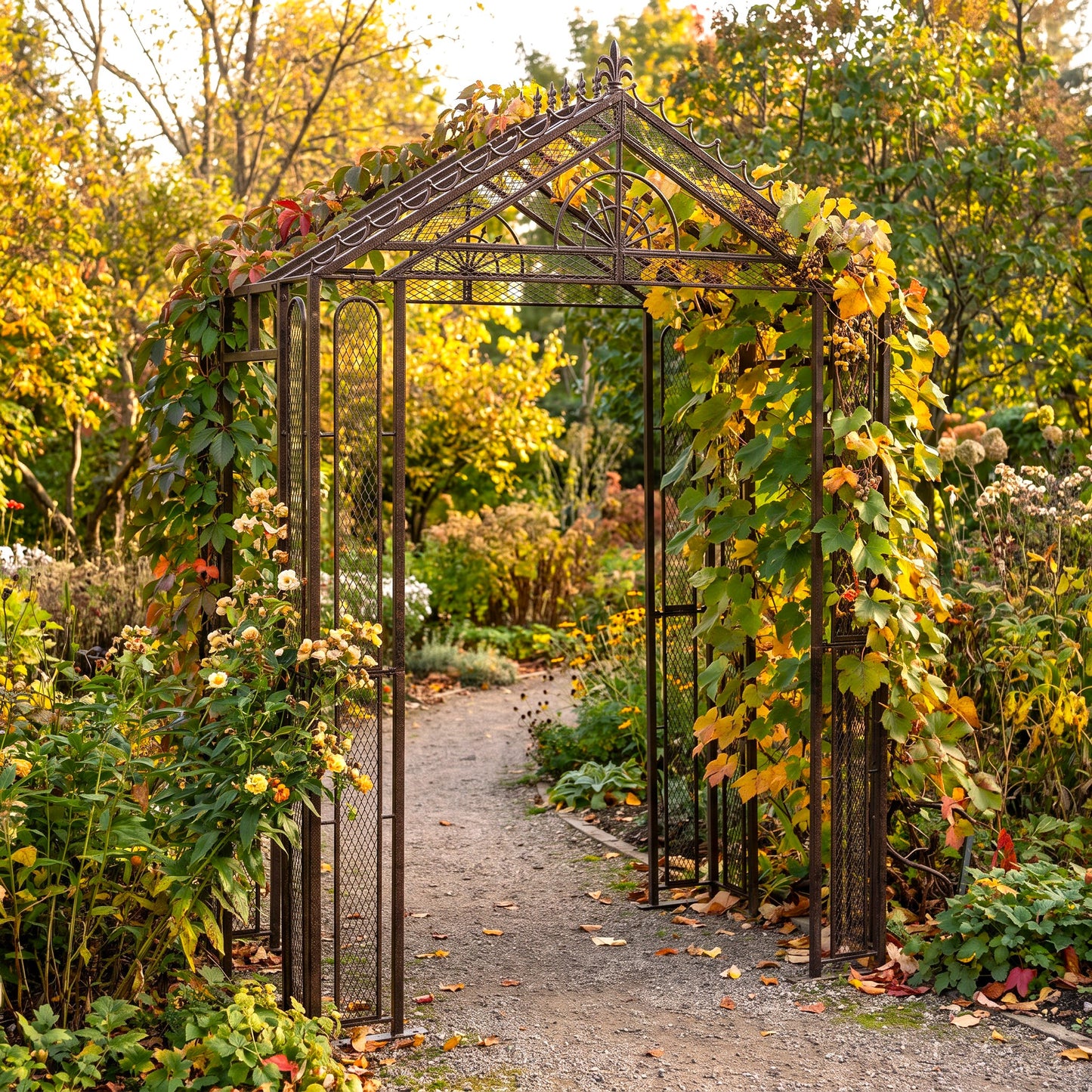 A dark metal garden archway with a lattice top and mesh side panels, covered with climbing green and yellow vines, framing a gravel path in a lush autumn garden.