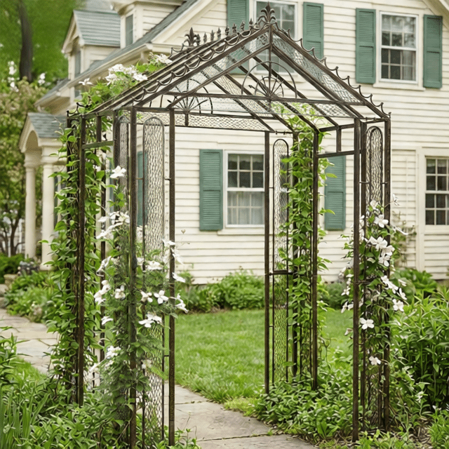 H Potter metal garden archway with climbing plants in front of a house.