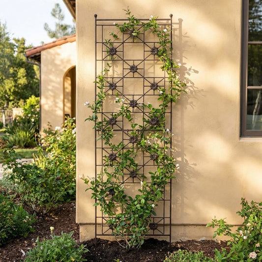 H Potter metal garden trellis freestanding near beige stucco house with vines