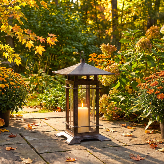 H Potter 18 inch Mission style cast iron candle lantern with real glass hurricane in fall setting