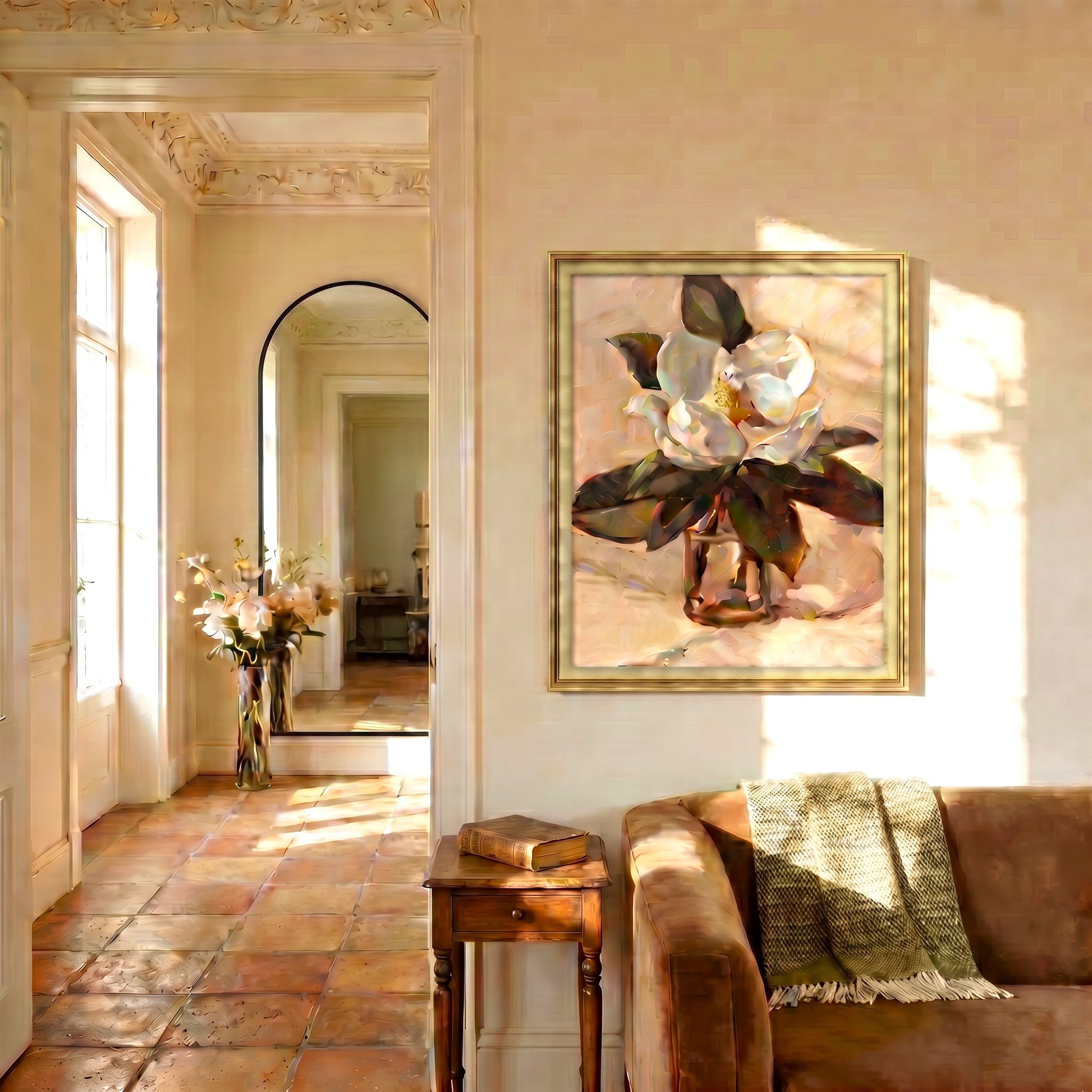 Decorative painting of a flower on a wall in a sunlit room with a couch and vase.