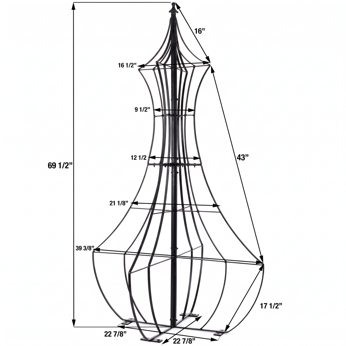 H Potter Genie garden obelisk trellis dimensions showing 69.5-inch height and base measurements