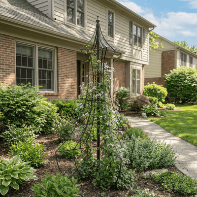 H Potter genie trellis in front yard landscape with clematis vines