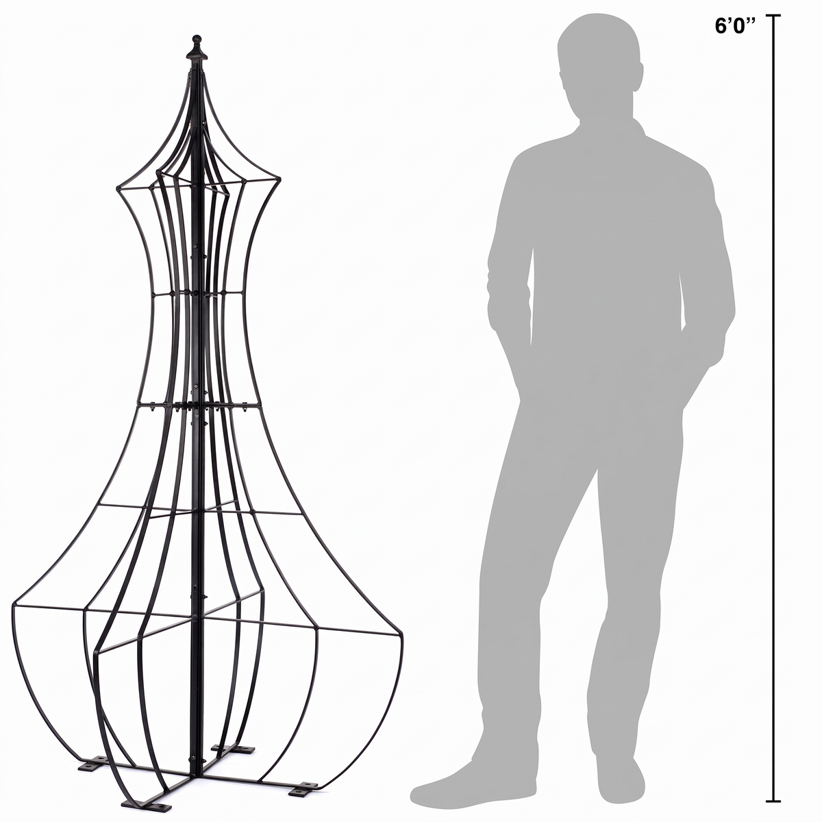 H Potter Genie garden obelisk trellis shown beside six-foot person for scale