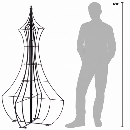 H Potter Genie garden obelisk trellis shown beside six-foot person for scale
