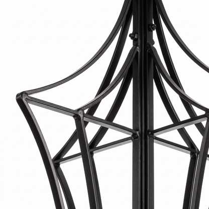 Close-up of Genie black garden obelisk trellis curved iron framework and construction