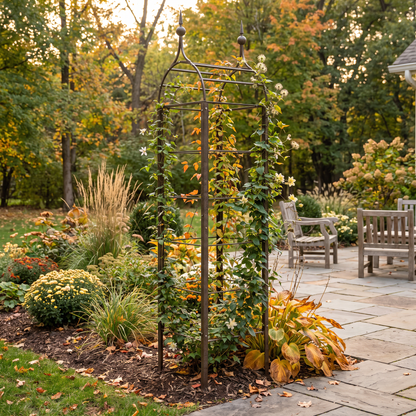 H Potter ogee obelisk metal garden trellis with climbing vines in an autumn garden