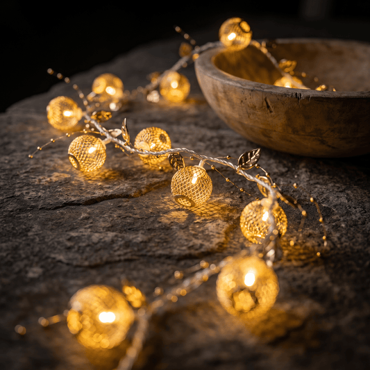h potter ora golden and warm white LED string lights shaped like textured glass spheres on a rustic dark stone surface, with a wooden bowl in the background.