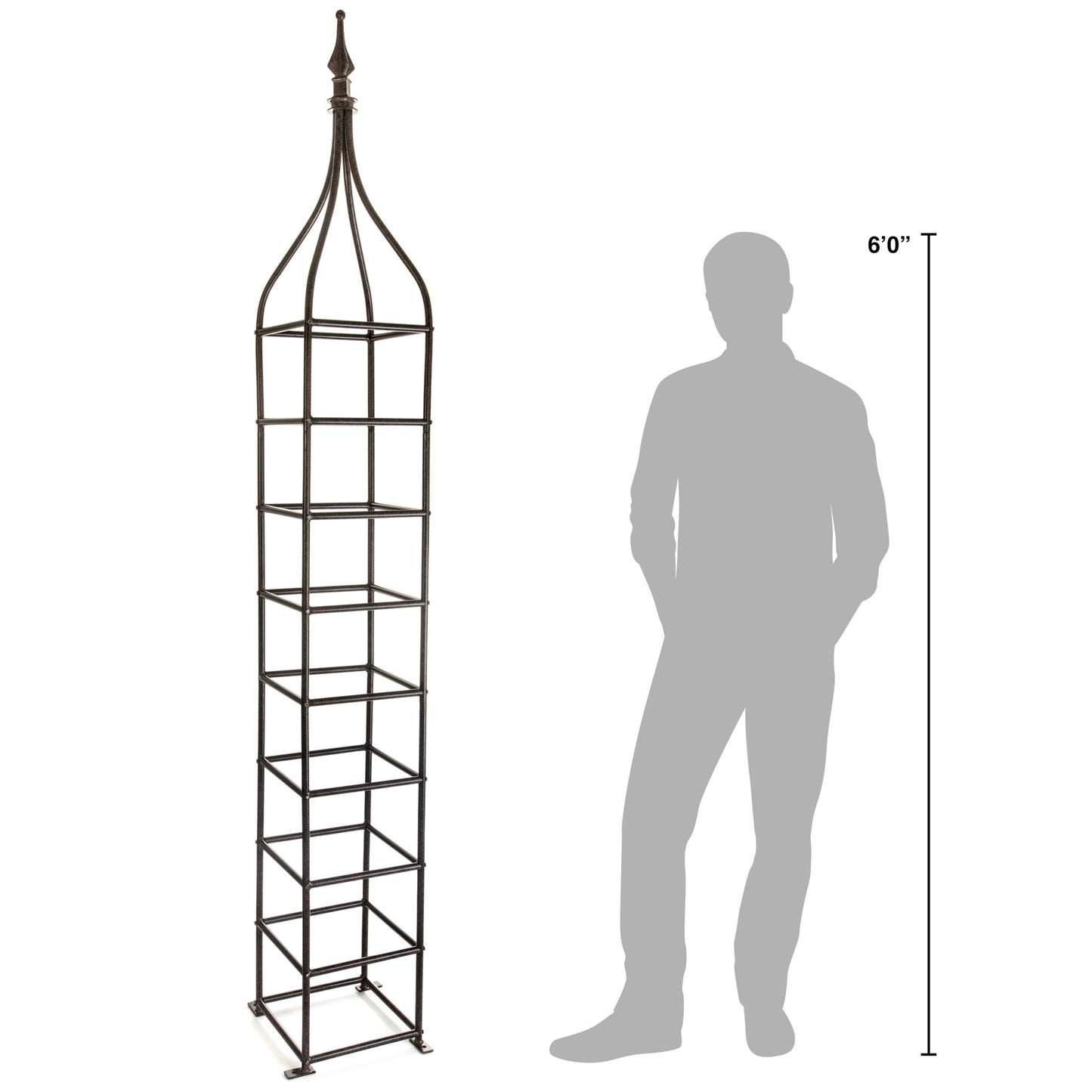 H Potter ornamental metal garden obelisk trellis shown next to person for height scale